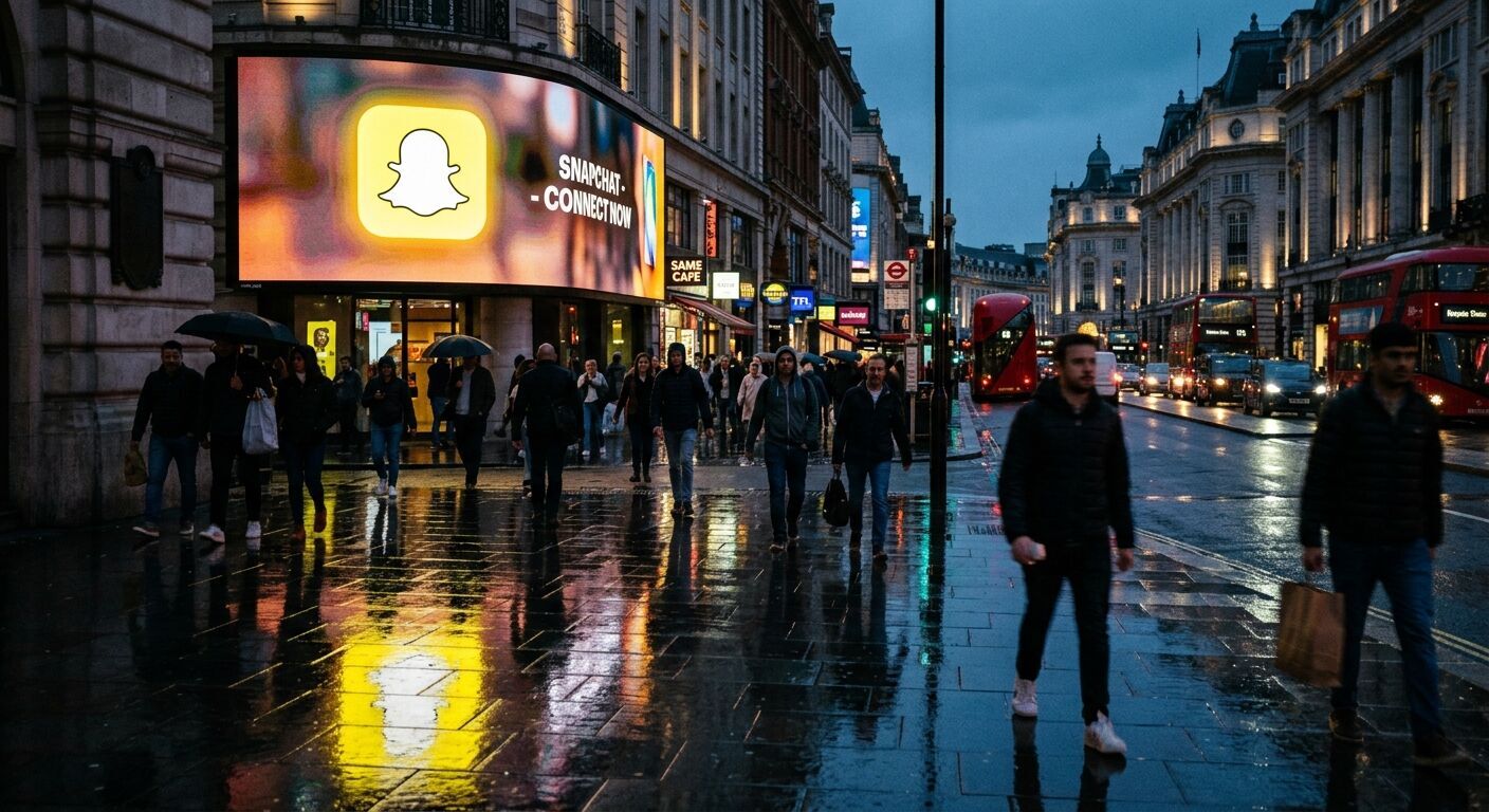 A realistic street photography scene capturing a vibrant urban environment at dusk. A subtle, illuminated Snapchat ghost logo is digitally integrated into a large, prominent digital billboard or a store window display, reflecting on wet pavement. People walk by in soft focus, implying widespread presence. Cinematic, high-detail.