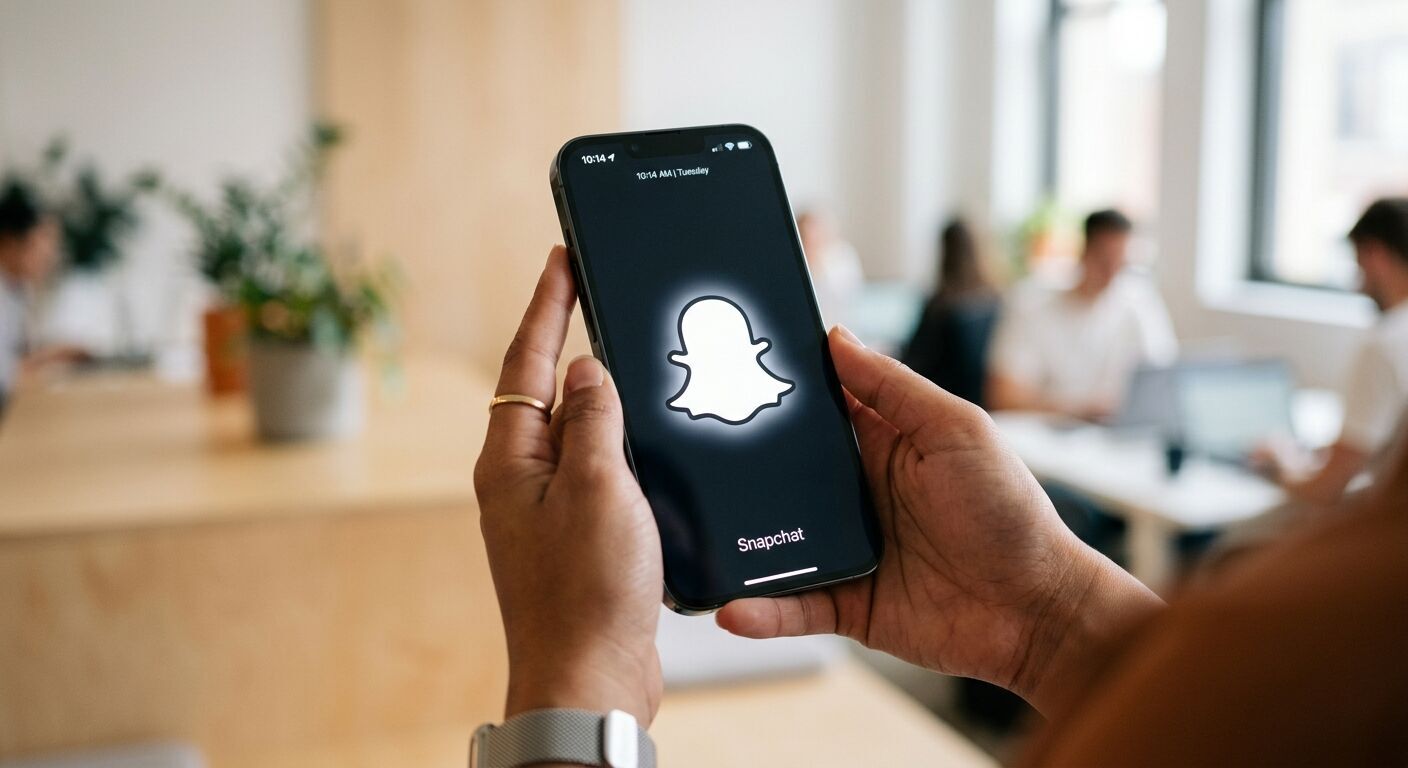 A close-up, high-resolution shot of a glowing white Snapchat ghost logo displayed prominently on the screen of a sleek, modern smartphone. The phone is held by a person with blurred, diverse hands in a bright, minimalist office setting, with soft natural light illuminating the scene. Professional, realistic.