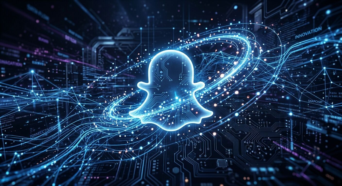 An abstract yet realistic depiction of the Snapchat ghost logo emerging from a complex web of interconnected digital data streams and glowing blue lines against a dark, futuristic background. Microscopic circuit board patterns are subtly visible. Light particles orbit the logo, symbolizing data flow and innovation. High-tech, professional.